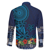 Samoa Siapo Polynesian Art Family Matching Off The Shoulder Long Sleeve Dress and Hawaiian Shirt Tropical Flowers and Tatau Pattern Navy
