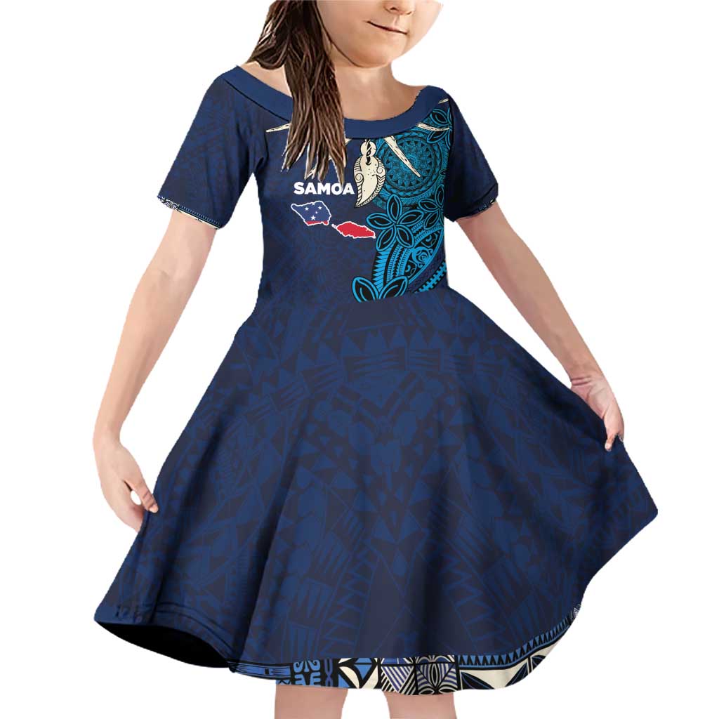 Samoa Siapo Polynesian Art Family Matching Off Shoulder Short Dress and Hawaiian Shirt Tropical Flowers and Tatau Pattern Navy