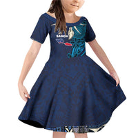 Samoa Siapo Polynesian Art Family Matching Off Shoulder Short Dress and Hawaiian Shirt Tropical Flowers and Tatau Pattern Navy