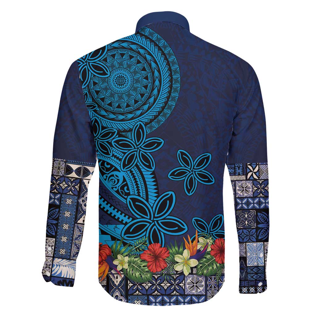 Samoa Siapo Polynesian Art Family Matching Off Shoulder Short Dress and Hawaiian Shirt Tropical Flowers and Tatau Pattern Navy