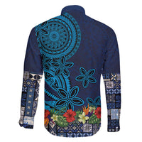 Samoa Siapo Polynesian Art Family Matching Off Shoulder Short Dress and Hawaiian Shirt Tropical Flowers and Tatau Pattern Navy
