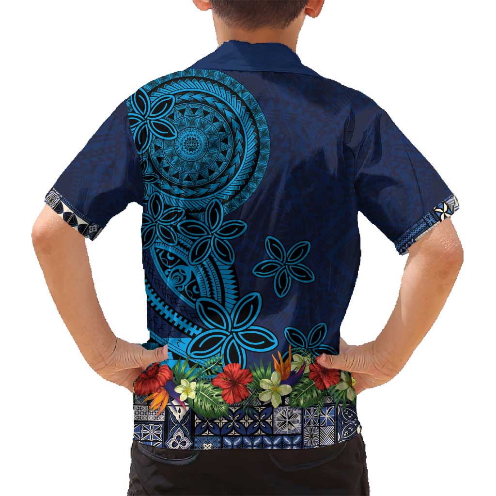 Samoa Siapo Polynesian Art Family Matching Puletasi and Hawaiian Shirt Tropical Flowers and Tatau Pattern Navy