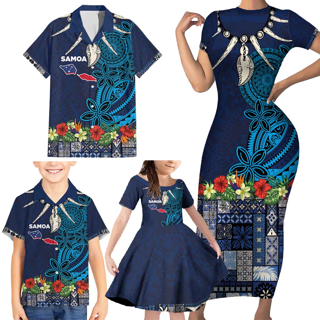 Samoa Siapo Polynesian Art Family Matching Short Sleeve Bodycon Dress and Hawaiian Shirt Tropical Flowers and Tatau Pattern Navy