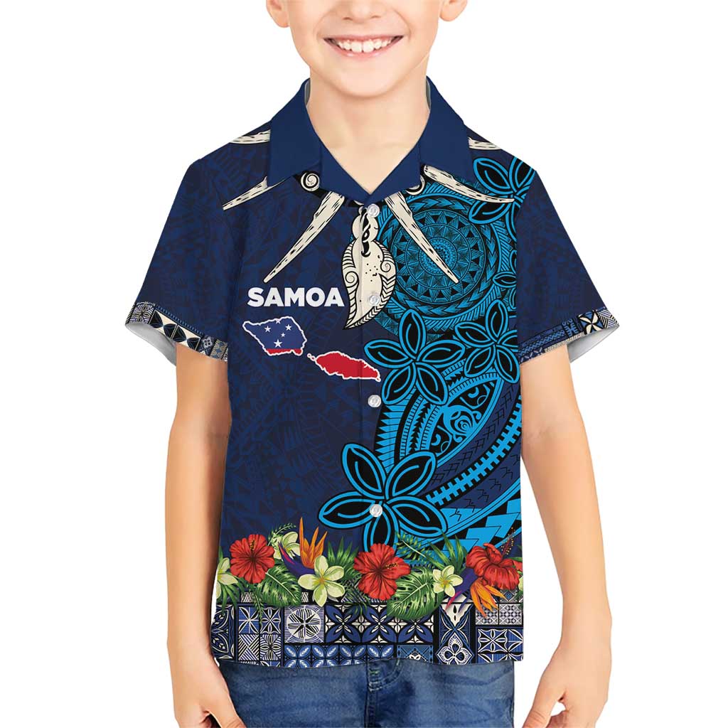 Samoa Siapo Polynesian Art Family Matching Short Sleeve Bodycon Dress and Hawaiian Shirt Tropical Flowers and Tatau Pattern Navy
