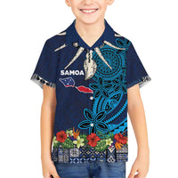 Samoa Siapo Polynesian Art Family Matching Short Sleeve Bodycon Dress and Hawaiian Shirt Tropical Flowers and Tatau Pattern Navy
