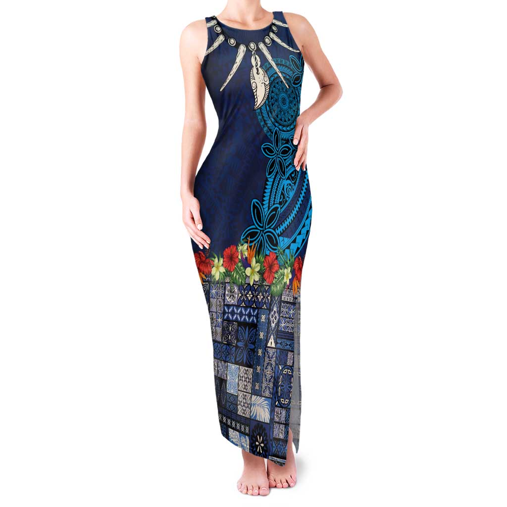 Samoa Siapo Polynesian Art Family Matching Tank Maxi Dress and Hawaiian Shirt Tropical Flowers and Tatau Pattern Navy
