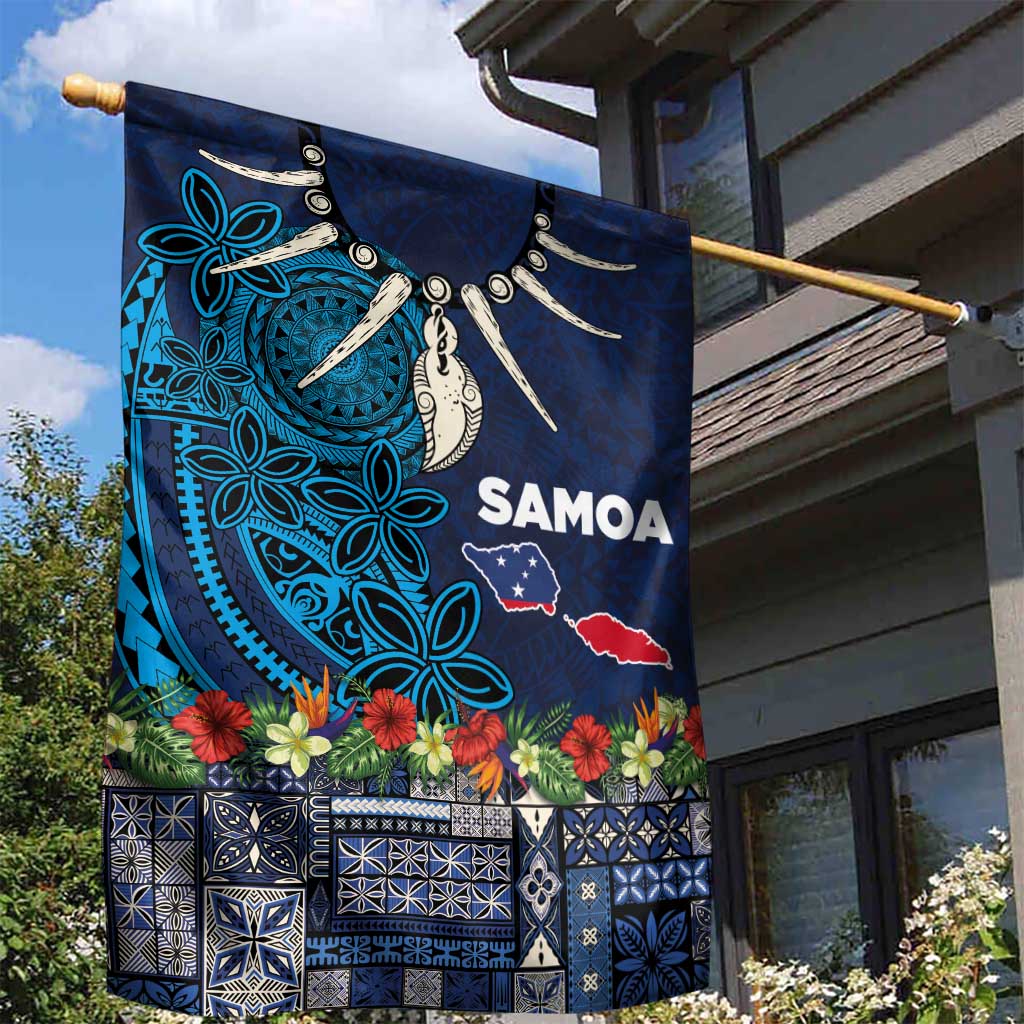 Samoa Siapo Polynesian Art Garden Flag Tropical Flowers and Tatau Pattern Navy