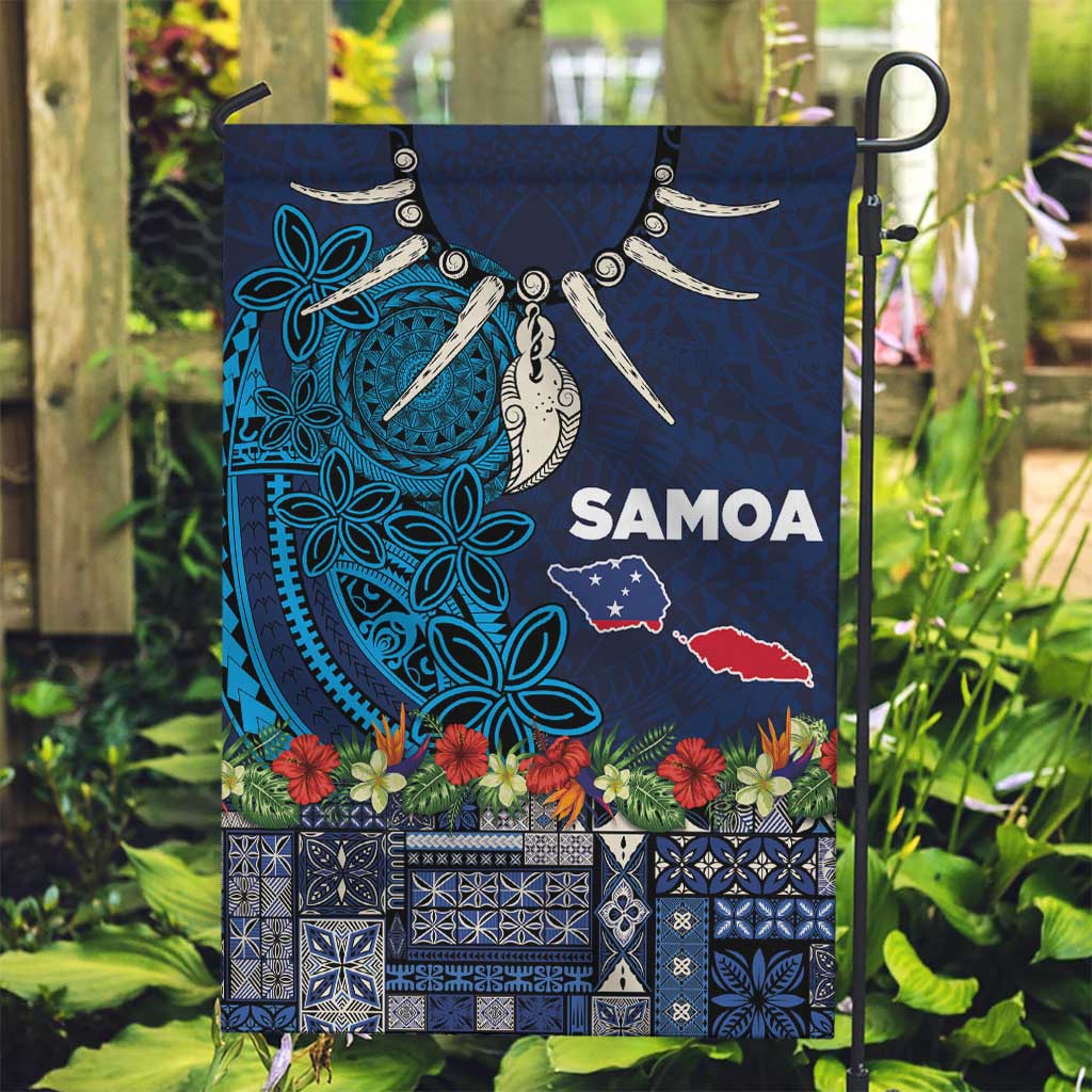 Samoa Siapo Polynesian Art Garden Flag Tropical Flowers and Tatau Pattern Navy