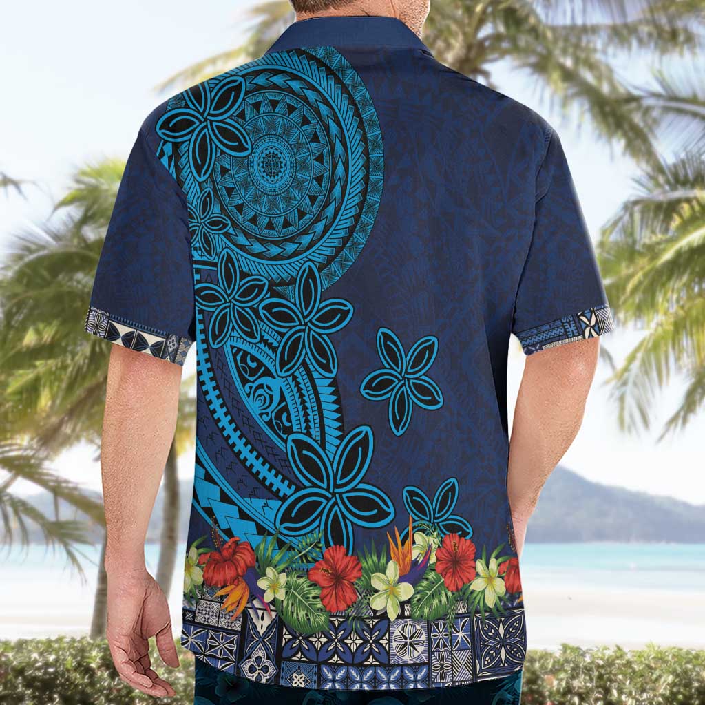 Samoa Siapo Polynesian Art Hawaiian Shirt Tropical Flowers and Tatau Pattern Navy