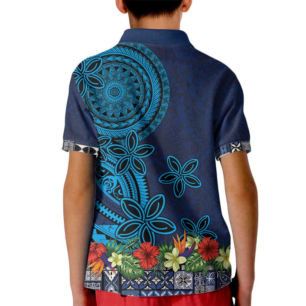 Samoa Siapo Polynesian Art Kid Polo Shirt Tropical Flowers and Tatau Pattern Navy LT03 - Polynesian Pride