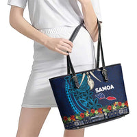 Samoa Siapo Polynesian Art Leather Tote Bag Tropical Flowers and Tatau Pattern Navy