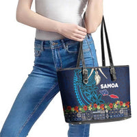 Samoa Siapo Polynesian Art Leather Tote Bag Tropical Flowers and Tatau Pattern Navy