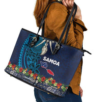 Samoa Siapo Polynesian Art Leather Tote Bag Tropical Flowers and Tatau Pattern Navy