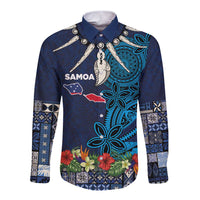 Samoa Siapo Polynesian Art Long Sleeve Button Shirt Tropical Flowers and Tatau Pattern Navy