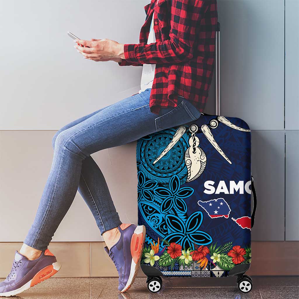 Samoa Siapo Polynesian Art Luggage Cover Tropical Flowers and Tatau Pattern Navy