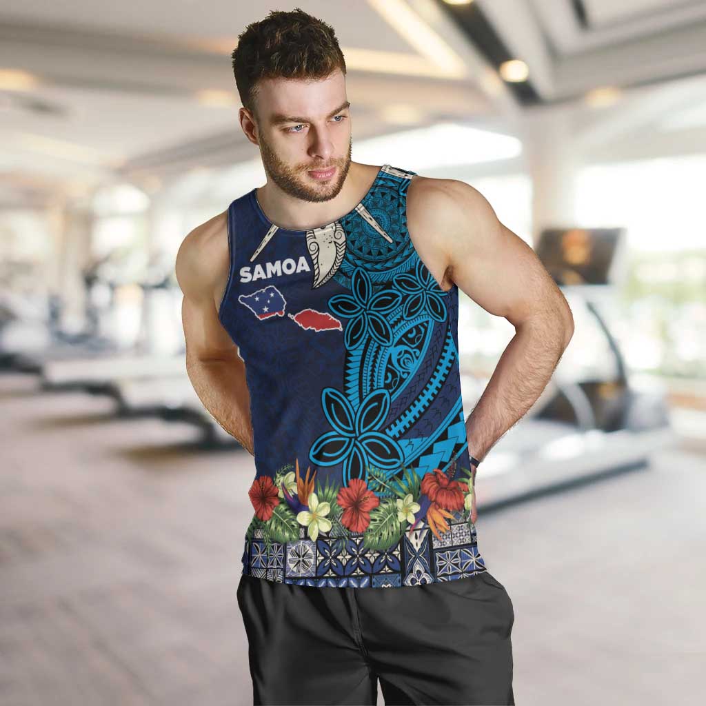 Samoa Siapo Polynesian Art Men Tank Top Tropical Flowers and Tatau Pattern Navy