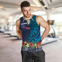 Samoa Siapo Polynesian Art Men Tank Top Tropical Flowers and Tatau Pattern Navy
