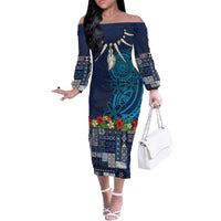 Samoa Siapo Polynesian Art Off The Shoulder Long Sleeve Dress Tropical Flowers and Tatau Pattern Navy