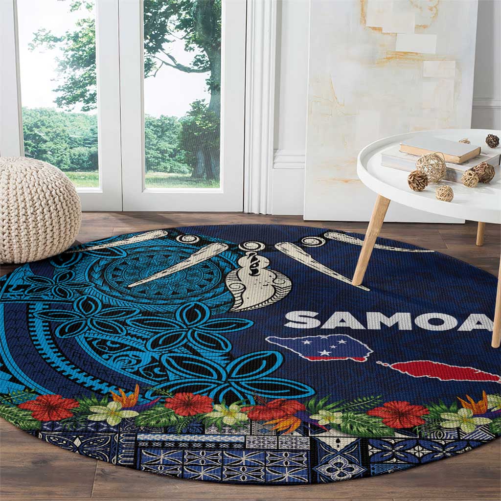 Samoa Siapo Polynesian Art Round Carpet Tropical Flowers and Tatau Pattern Navy