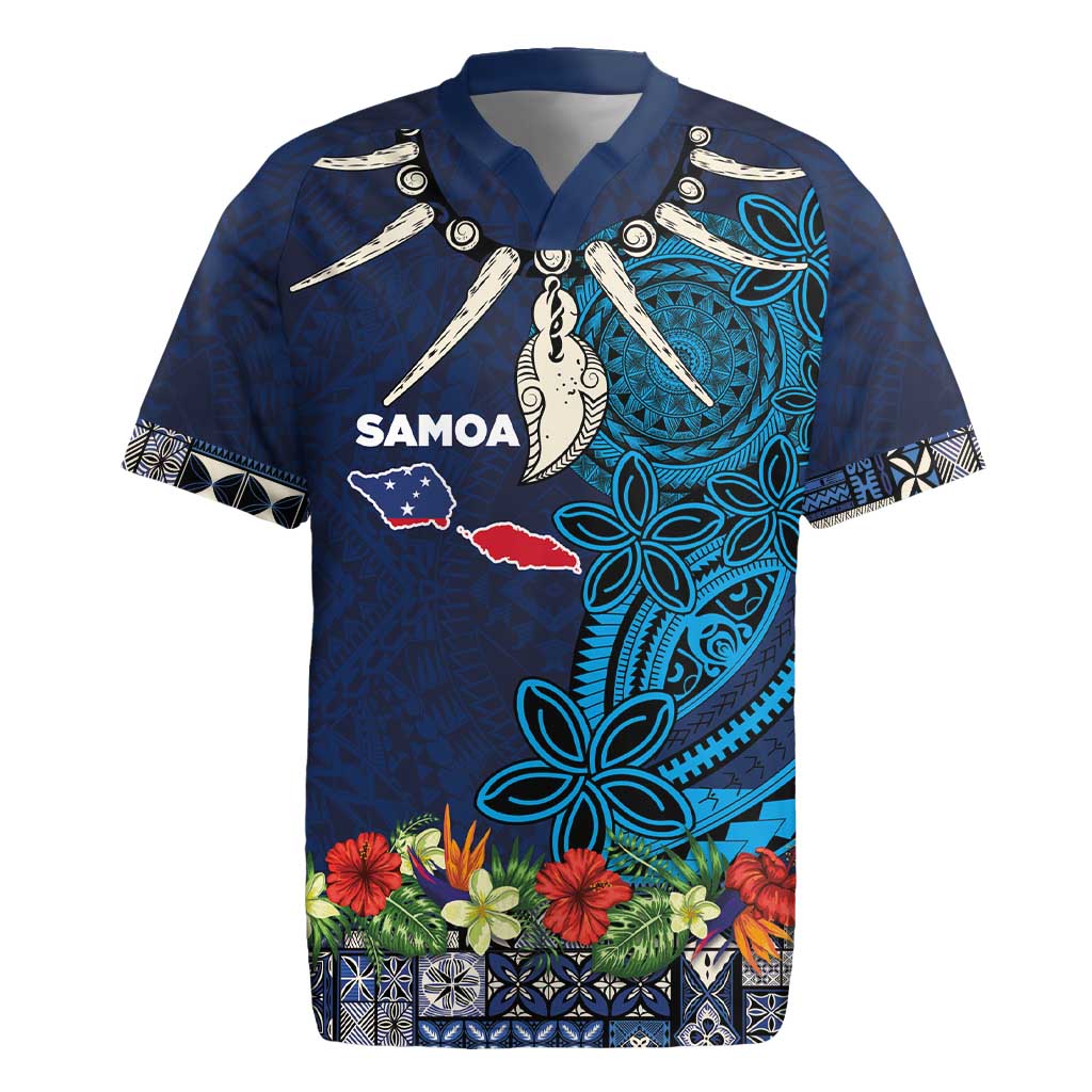 Samoa Siapo Polynesian Art Rugby Jersey Tropical Flowers and Tatau Pattern Navy