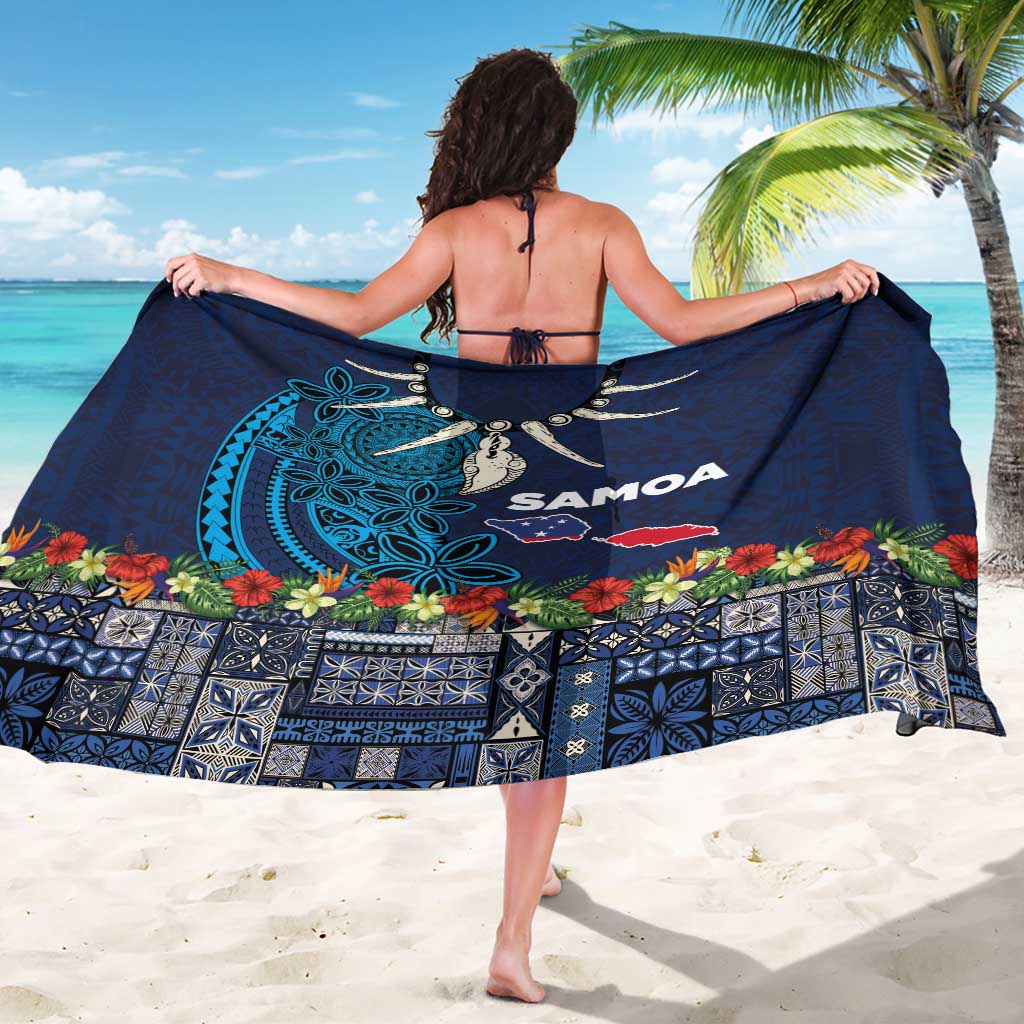 Samoa Siapo Polynesian Art Sarong Tropical Flowers and Tatau Pattern Navy