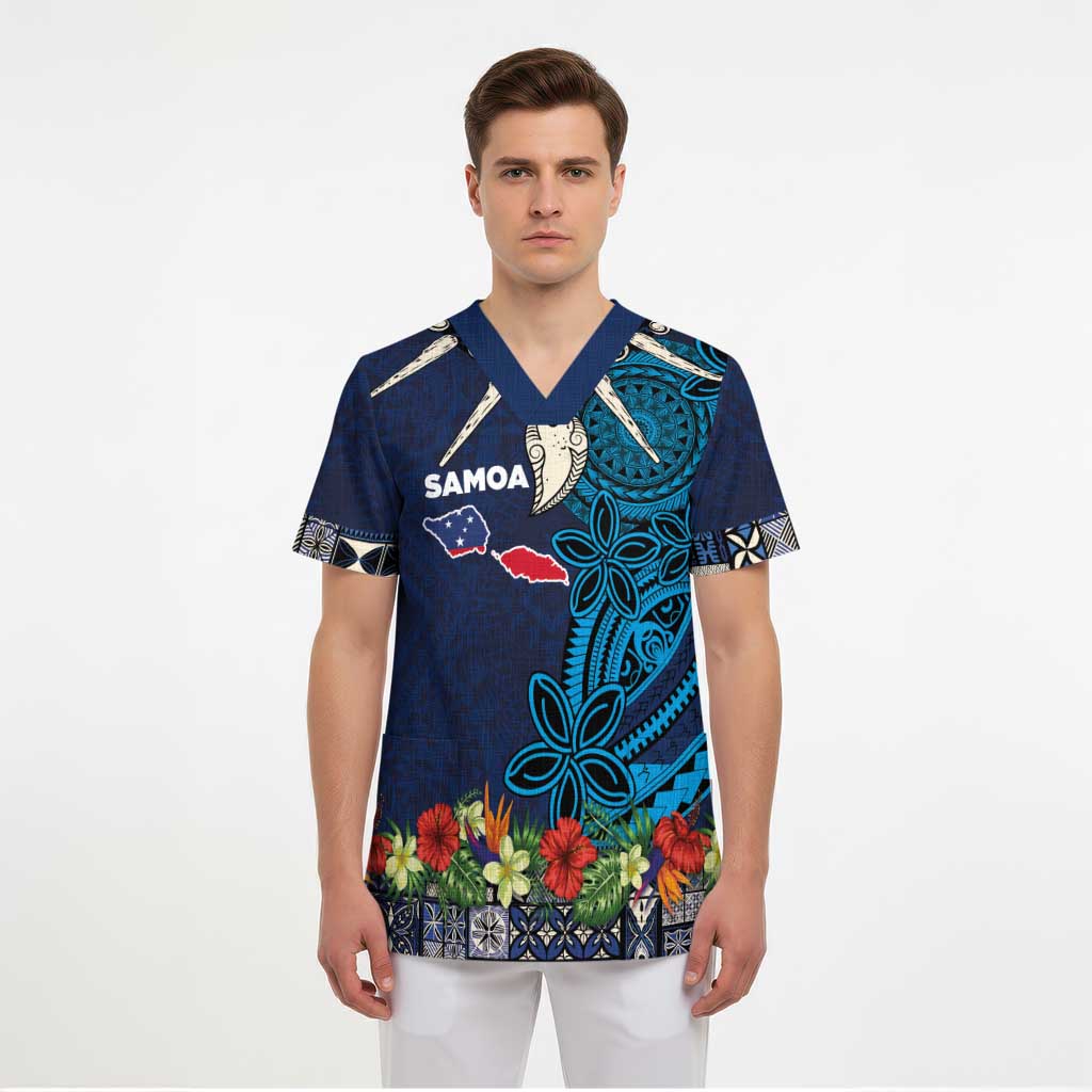 Samoa Siapo Polynesian Art Scrub Top Tropical Flowers and Tatau Pattern Navy - Polynesian Pride