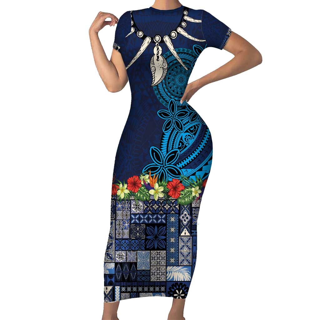 Samoa Siapo Polynesian Art Short Sleeve Bodycon Dress Tropical Flowers and Tatau Pattern Navy