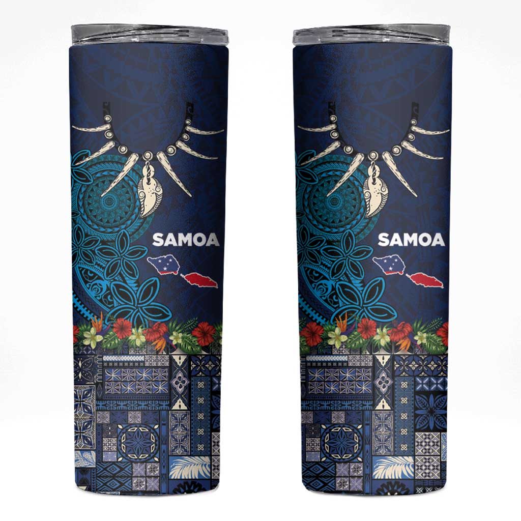 Samoa Siapo Polynesian Art Skinny Tumbler Tropical Flowers and Tatau Pattern Navy