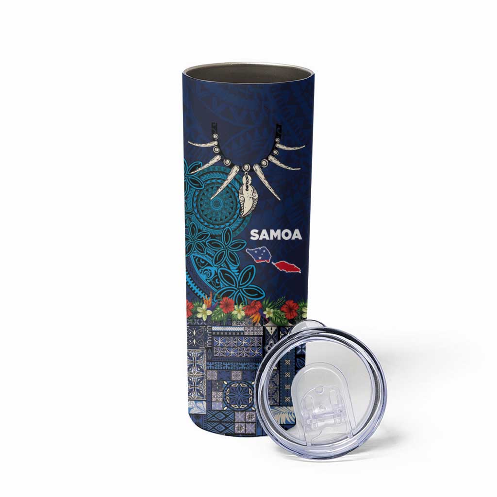 Samoa Siapo Polynesian Art Skinny Tumbler Tropical Flowers and Tatau Pattern Navy