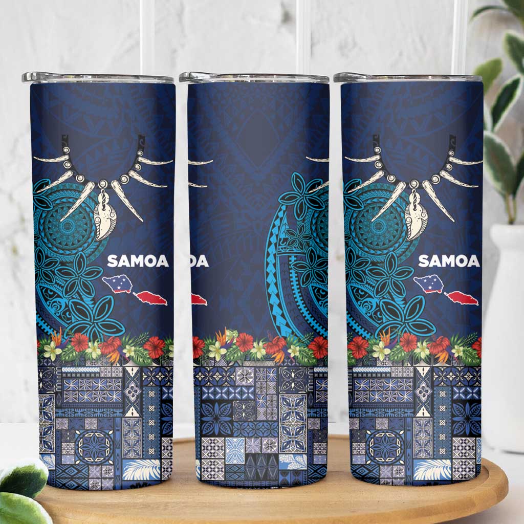 Samoa Siapo Polynesian Art Skinny Tumbler Tropical Flowers and Tatau Pattern Navy