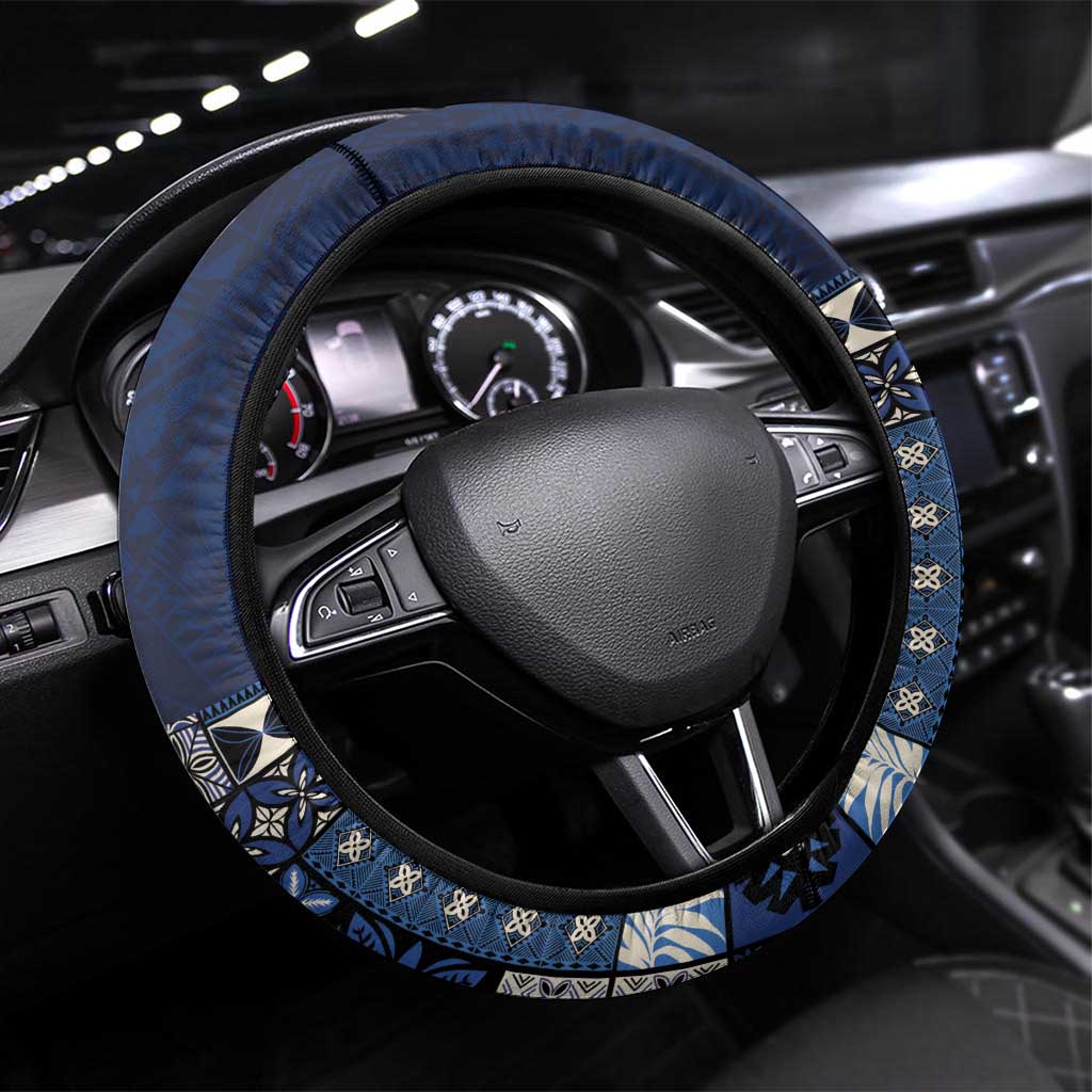 Samoa Siapo Polynesian Art Steering Wheel Cover Tropical Flowers and Tatau Pattern Navy