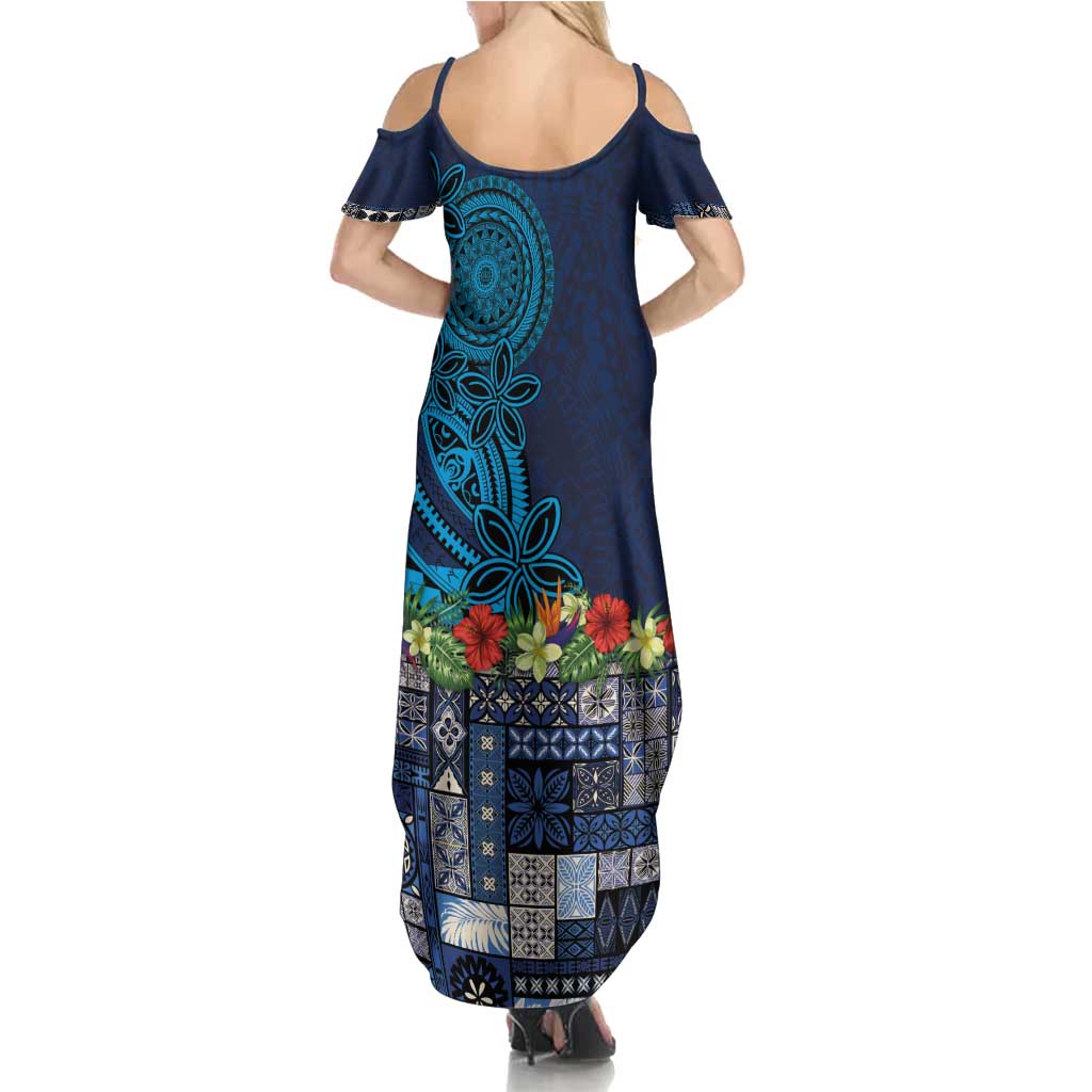 Samoa Siapo Polynesian Art Summer Maxi Dress Tropical Flowers and Tatau Pattern Navy