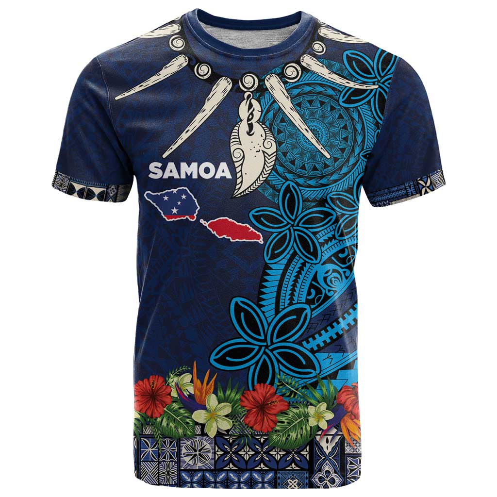 Samoa Siapo Polynesian Art T Shirt Tropical Flowers and Tatau Pattern Navy