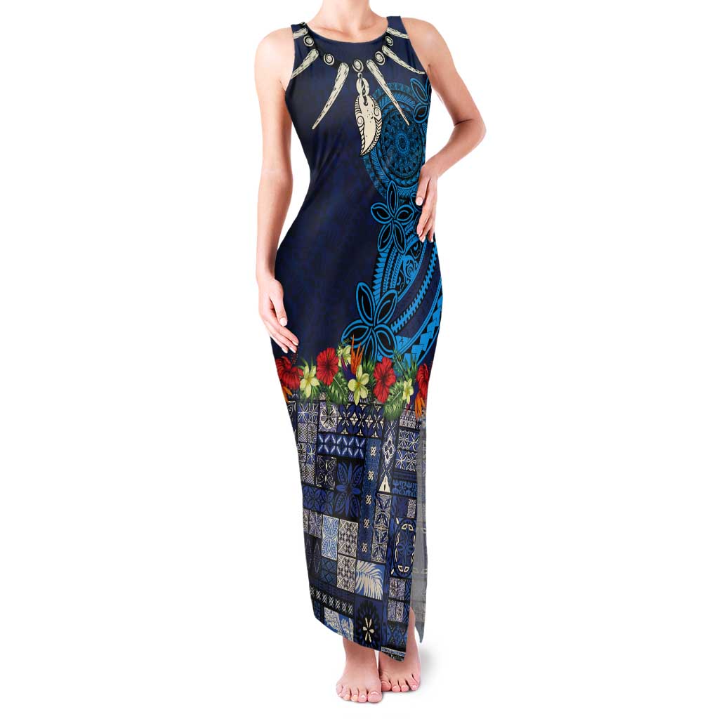 Samoa Siapo Polynesian Art Tank Maxi Dress Tropical Flowers and Tatau Pattern Navy