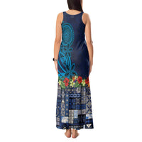 Samoa Siapo Polynesian Art Tank Maxi Dress Tropical Flowers and Tatau Pattern Navy
