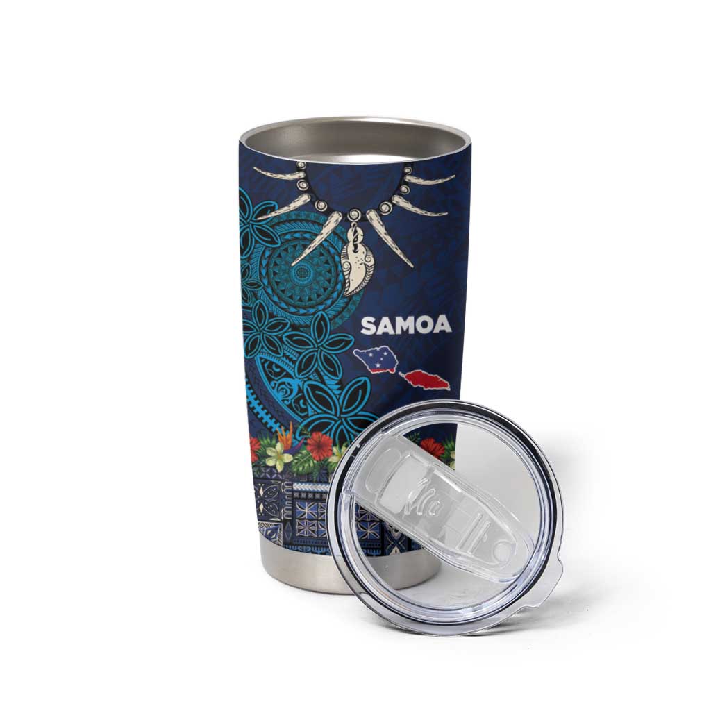 Samoa Siapo Polynesian Art Tumbler Cup Tropical Flowers and Tatau Pattern Navy