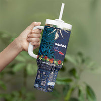 Samoa Siapo Polynesian Art Tumbler With Handle Tropical Flowers and Tatau Pattern Navy