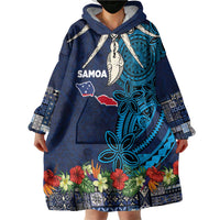 Samoa Siapo Polynesian Art Wearable Blanket Hoodie Tropical Flowers and Tatau Pattern Navy