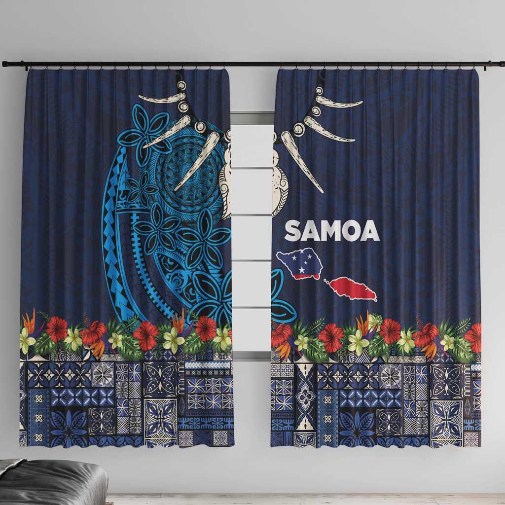 Samoa Siapo Polynesian Art Window Curtain Tropical Flowers and Tatau Pattern Navy