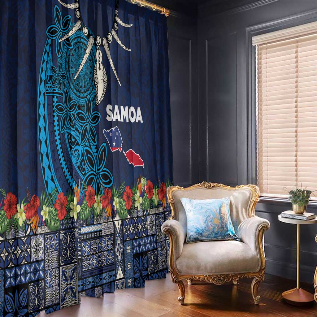 Samoa Siapo Polynesian Art Window Curtain Tropical Flowers and Tatau Pattern Navy