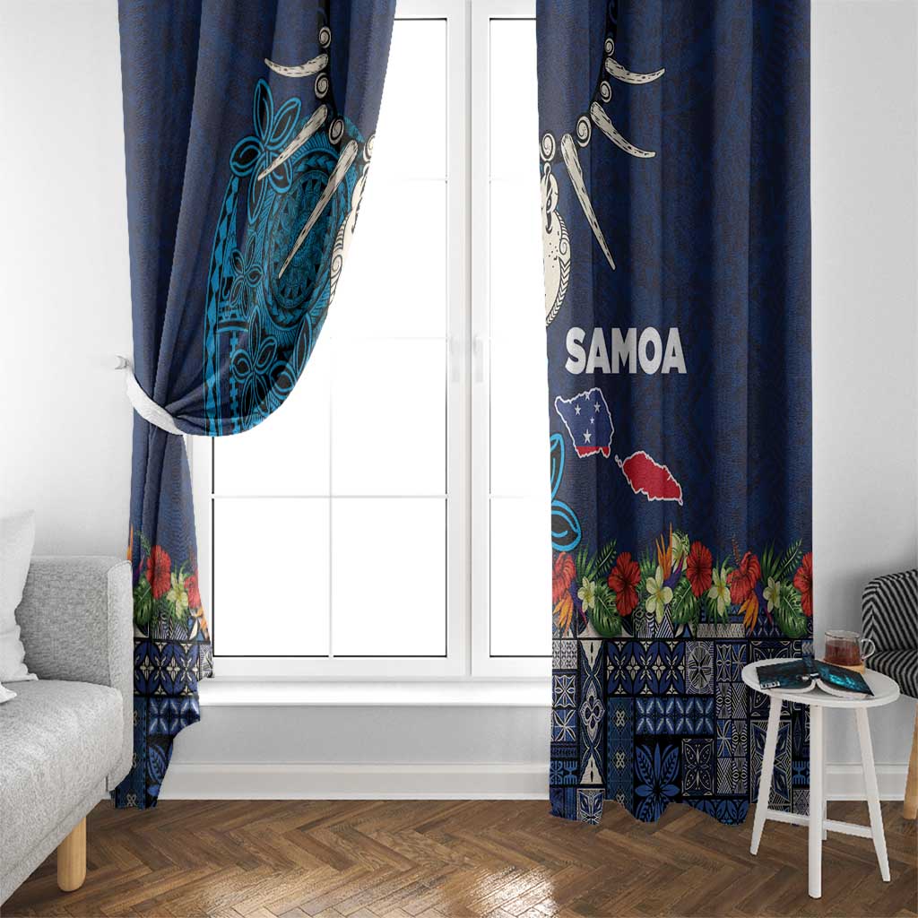 Samoa Siapo Polynesian Art Window Curtain Tropical Flowers and Tatau Pattern Navy