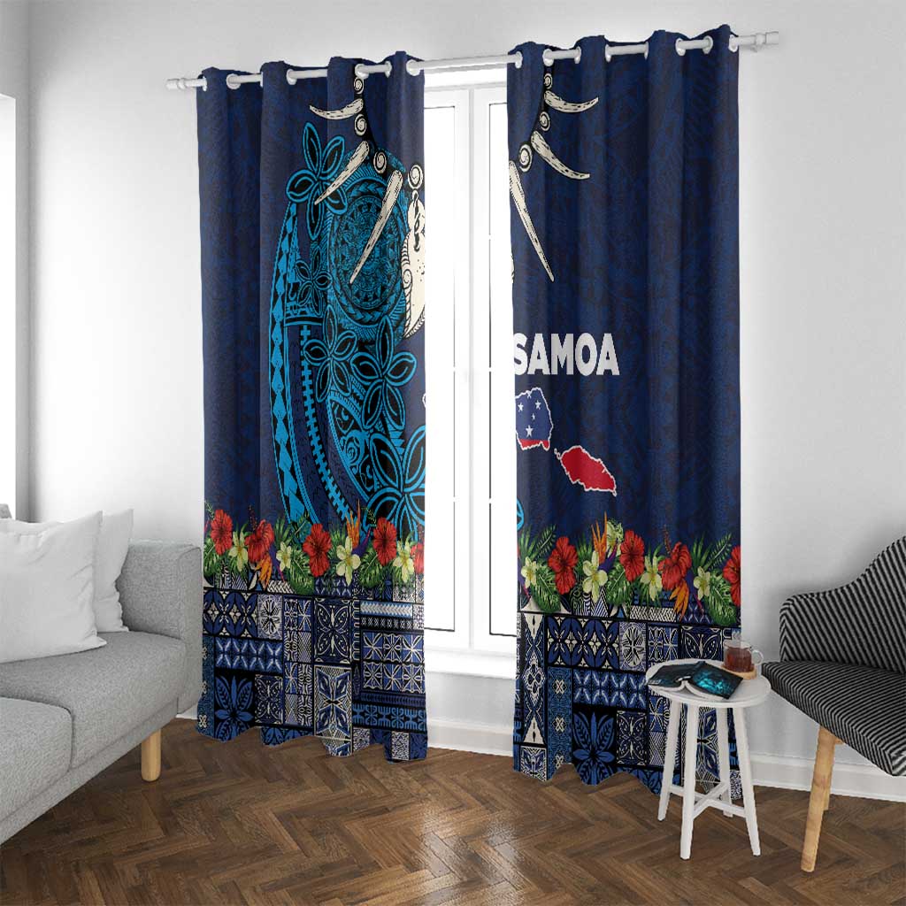 Samoa Siapo Polynesian Art Window Curtain Tropical Flowers and Tatau Pattern Navy