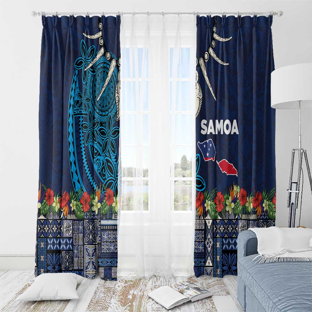 Samoa Siapo Polynesian Art Window Curtain Tropical Flowers and Tatau Pattern Navy