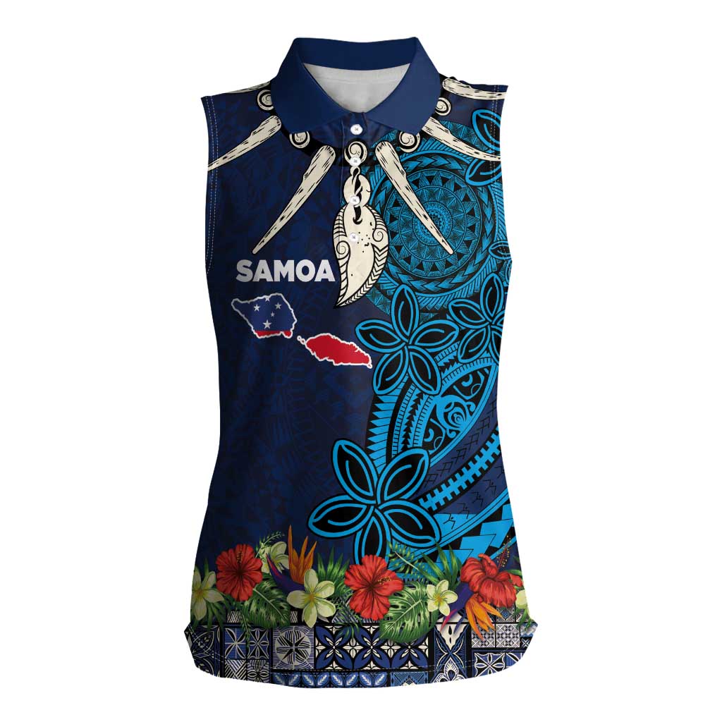 Samoa Siapo Polynesian Art Women Sleeveless Polo Shirt Tropical Flowers and Tatau Pattern Navy LT03 Female Navy - Polynesian Pride