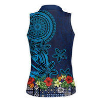 Samoa Siapo Polynesian Art Women Sleeveless Polo Shirt Tropical Flowers and Tatau Pattern Navy LT03 - Polynesian Pride