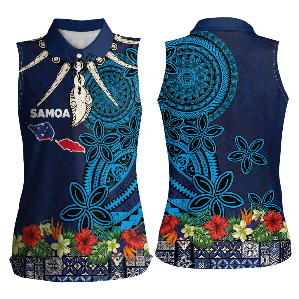 Samoa Siapo Polynesian Art Women Sleeveless Polo Shirt Tropical Flowers and Tatau Pattern Navy LT03 - Polynesian Pride