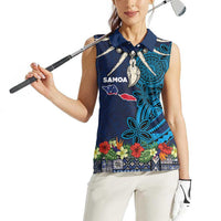 Samoa Siapo Polynesian Art Women Sleeveless Polo Shirt Tropical Flowers and Tatau Pattern Navy LT03 - Polynesian Pride