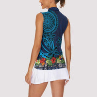 Samoa Siapo Polynesian Art Women Sleeveless Polo Shirt Tropical Flowers and Tatau Pattern Navy LT03 - Polynesian Pride