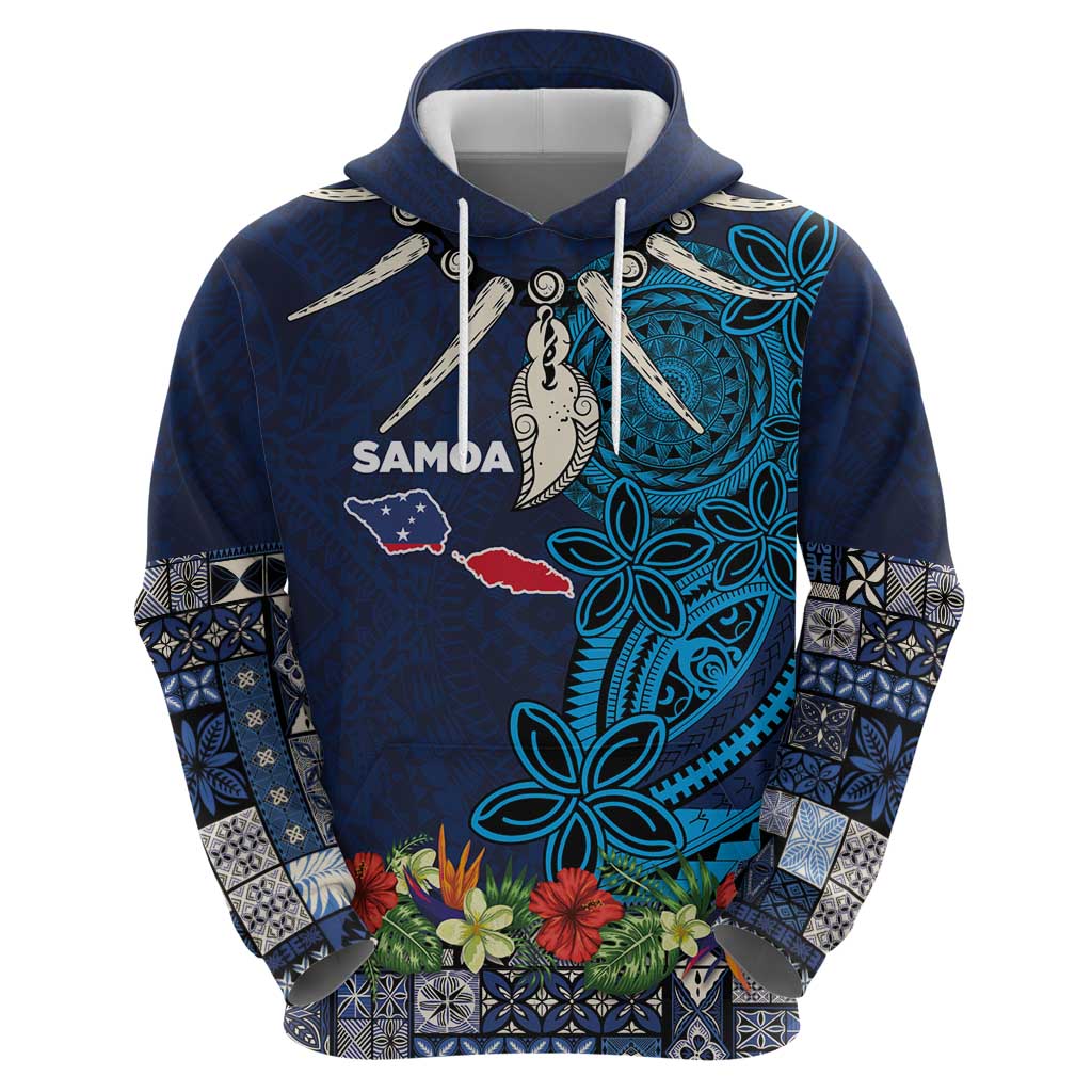 Samoa Siapo Polynesian Art Zip Hoodie Tropical Flowers and Tatau Pattern Navy