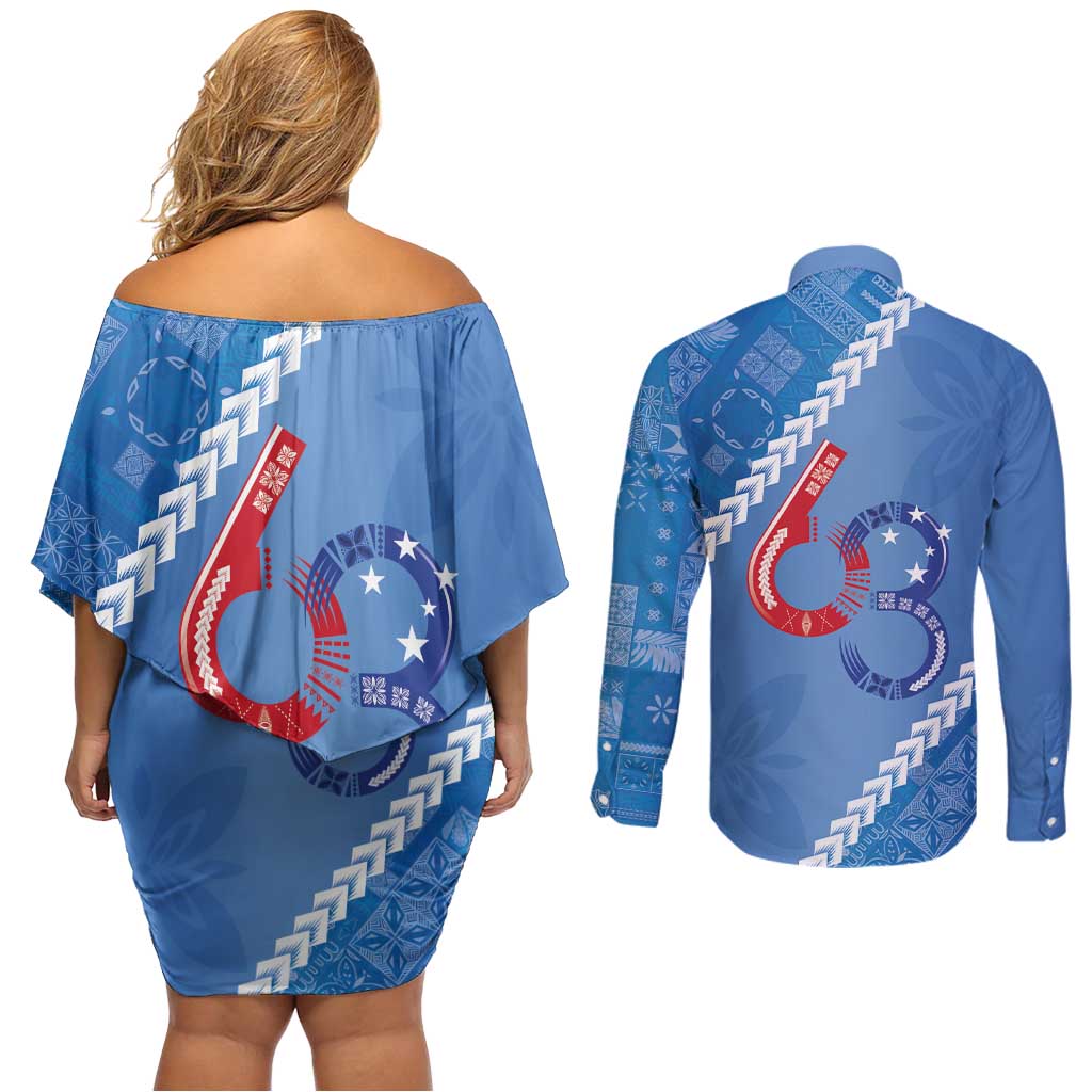 Samoa Independence Day Couples Matching Off Shoulder Short Dress and Long Sleeve Button Shirt Anniversary 63th-Siapo Art